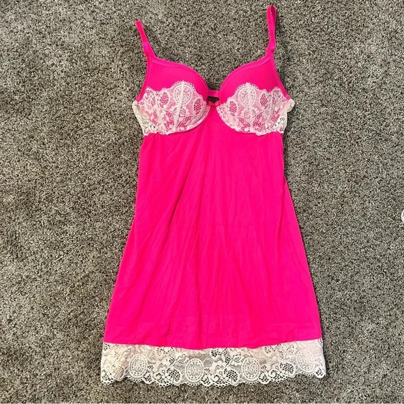 Victoria’s Secret Bustier Nightie‎ 36B White Hot Pink Lace Mini Y2k Slip Gown - Picture 1 of 11